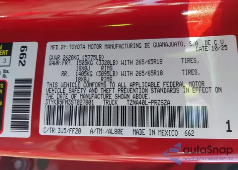 2025 Toyota Tacoma Sr5 из США, поврежденный, VIN 3TYKB5FN3ST027801